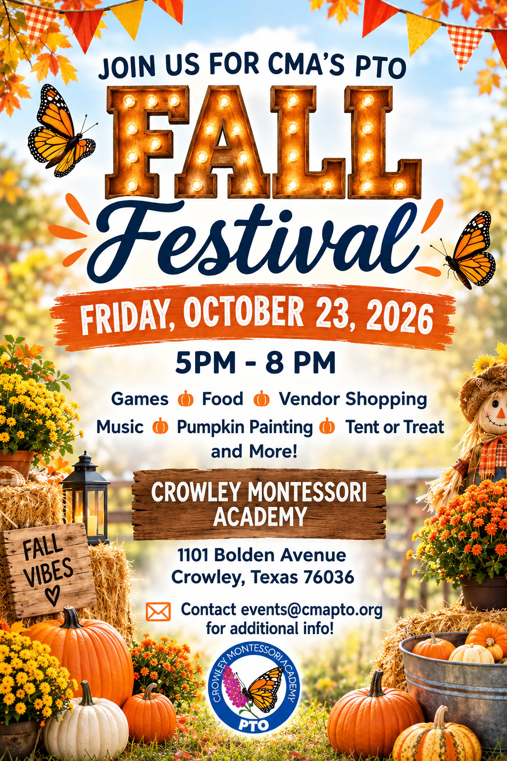 Crowley Montessori Academy PTO Fall Festival flyer for October 23, 2026, featuring pumpkins, autumn flowers, monarch butterflies, and festival details