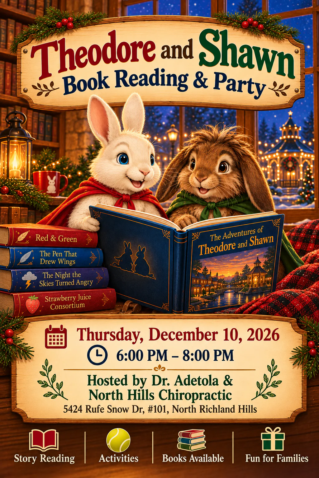 Theodore and Shawn Book Reading and Party winter flyer with two rabbits reading together, event date, time, host, and location