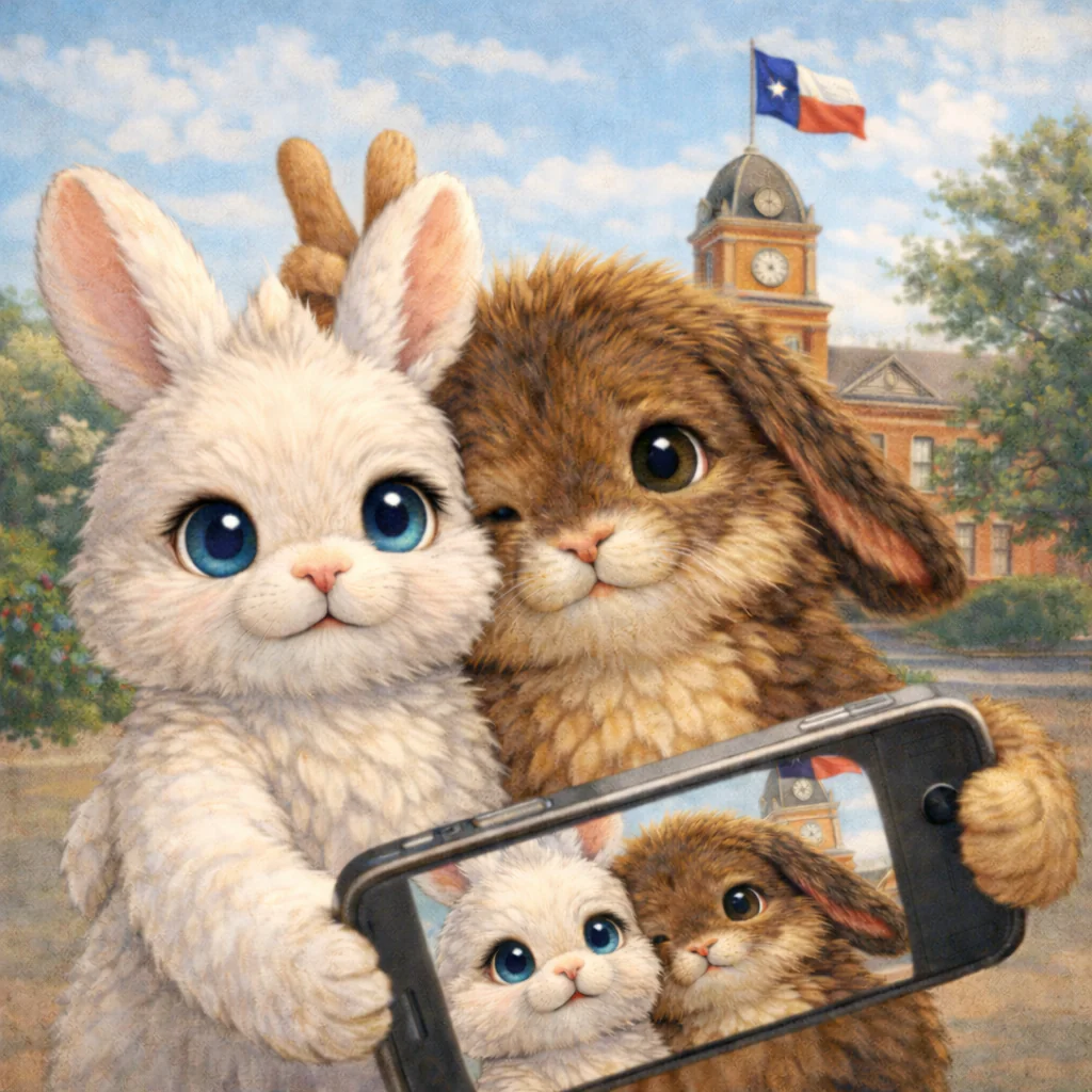 Theodore and Shawn taking a playful photograph outside the courthouse