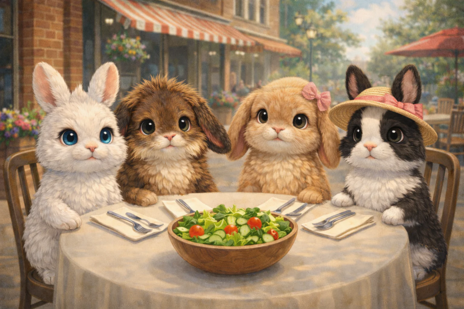 Theodore and Shawn having lunch with two rabbit friends at an outdoor cafe