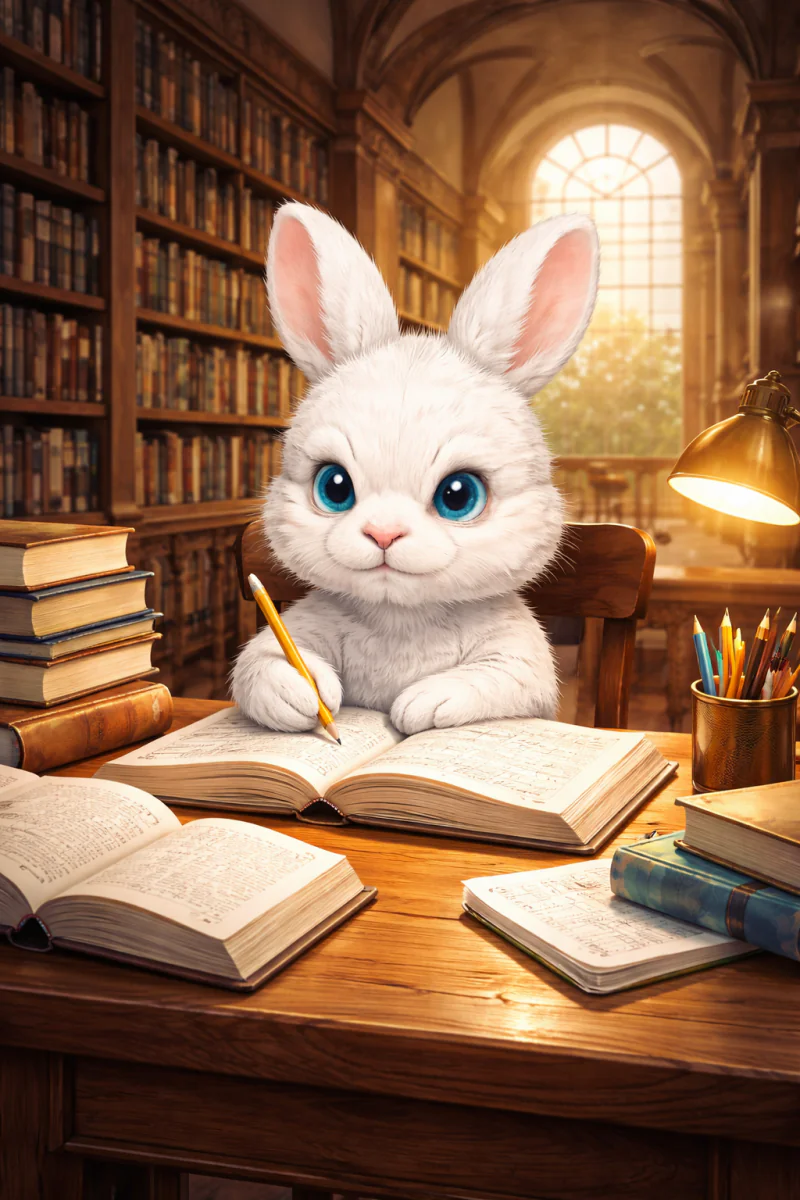 Theodore studying at a library desk surrounded by books