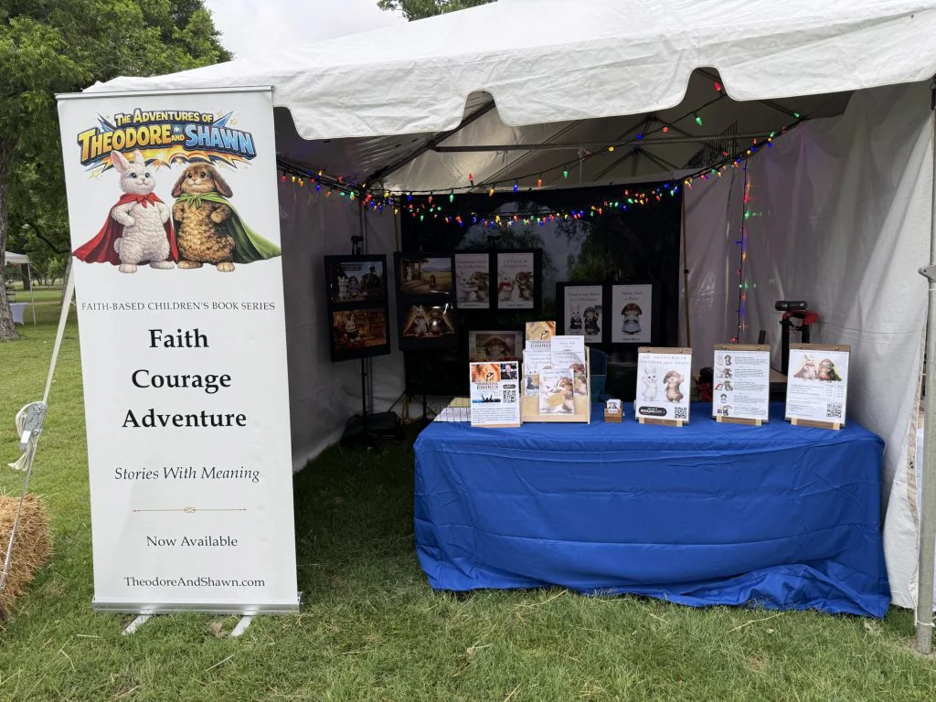 Theodore and Shawn books displayed at an outdoor festival booth