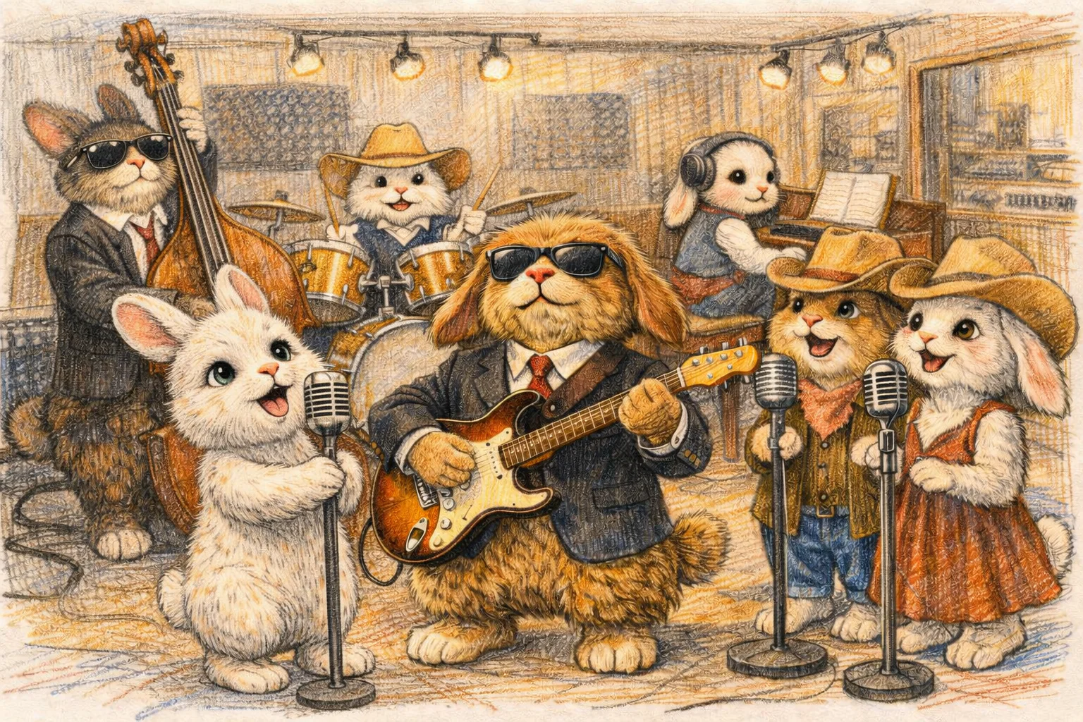 Theodore and Shawn recording music together in a studio