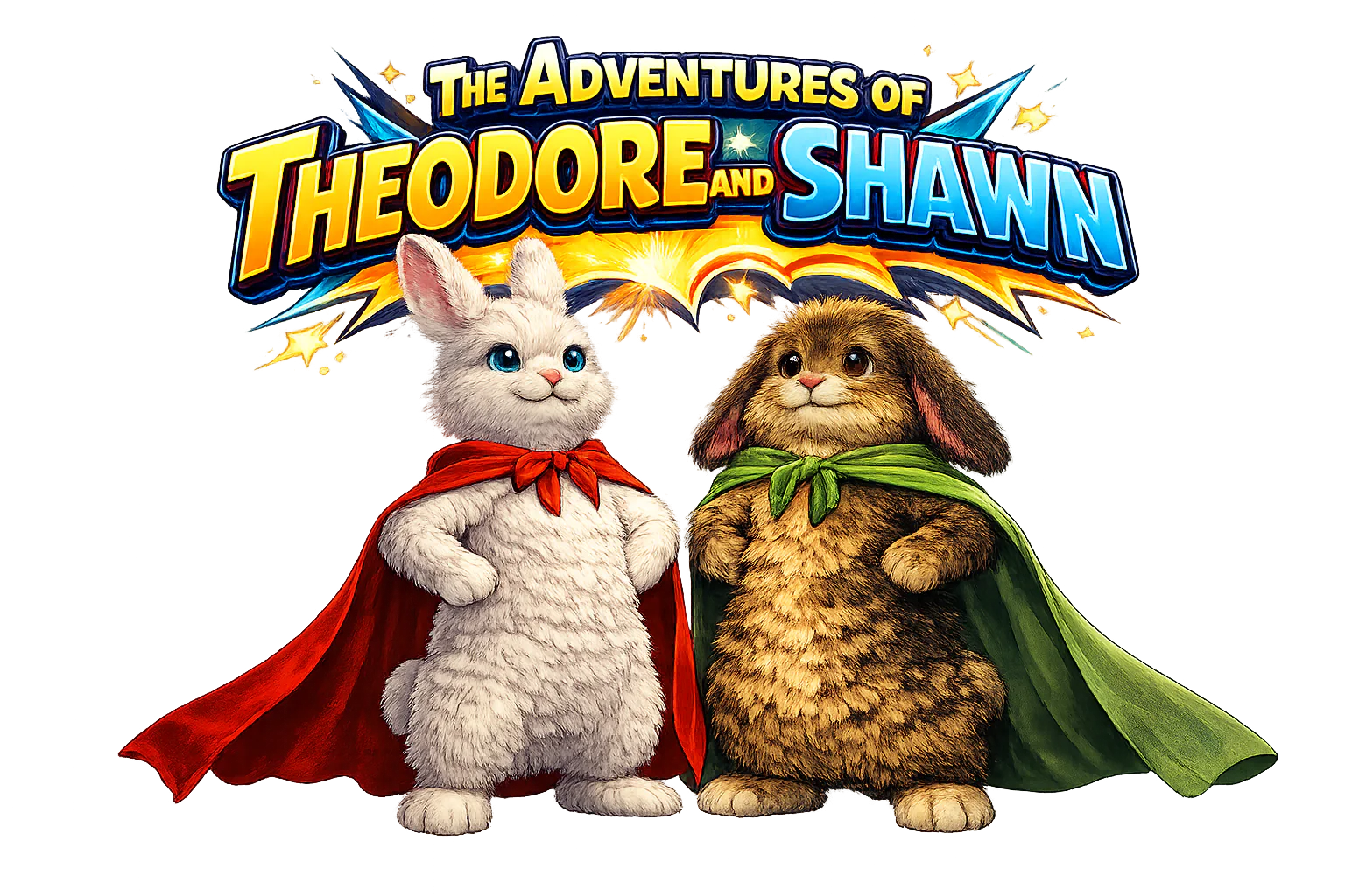 Theodore and Shawn dressed as superheroes beneath The Adventures of Theodore and Shawn title